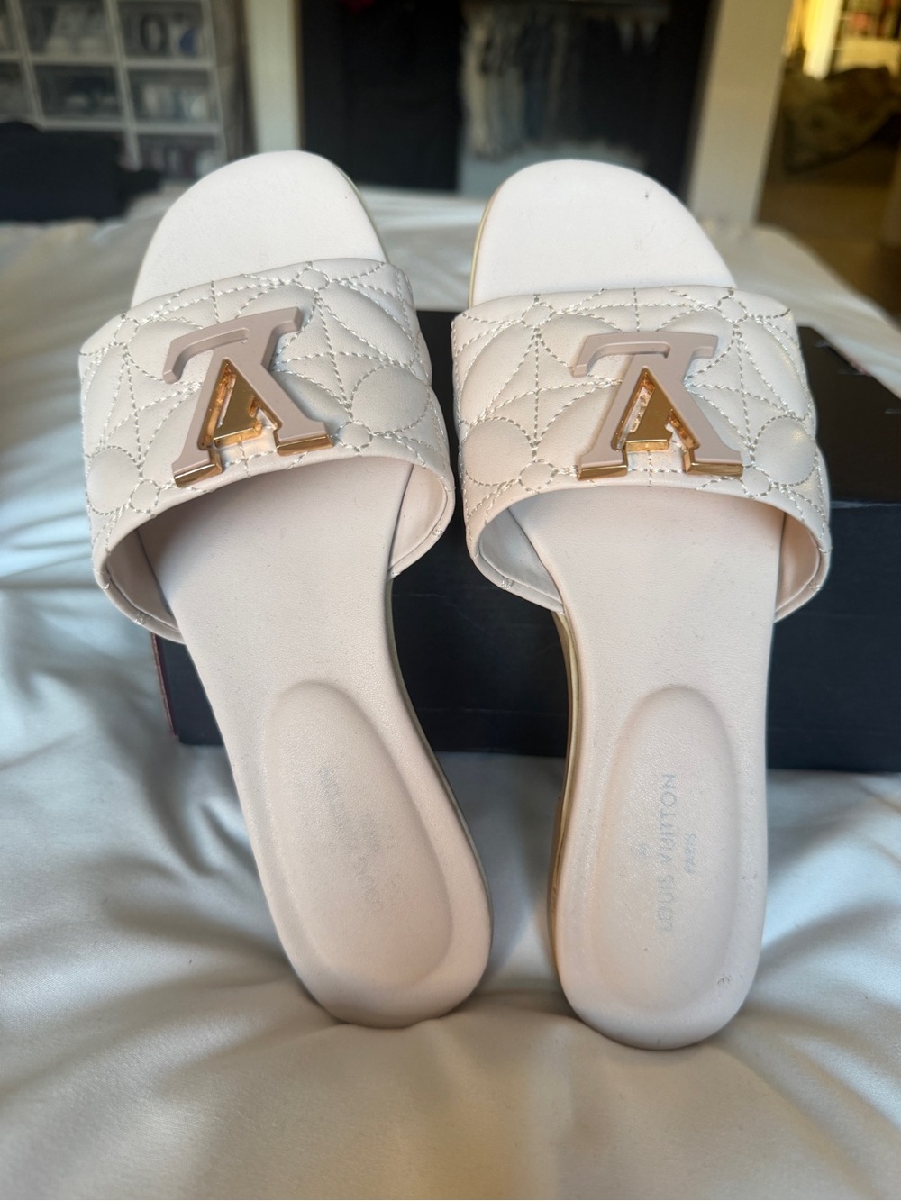 Louis Vuitton White Quilted Slide Mules with Gold LV Accent